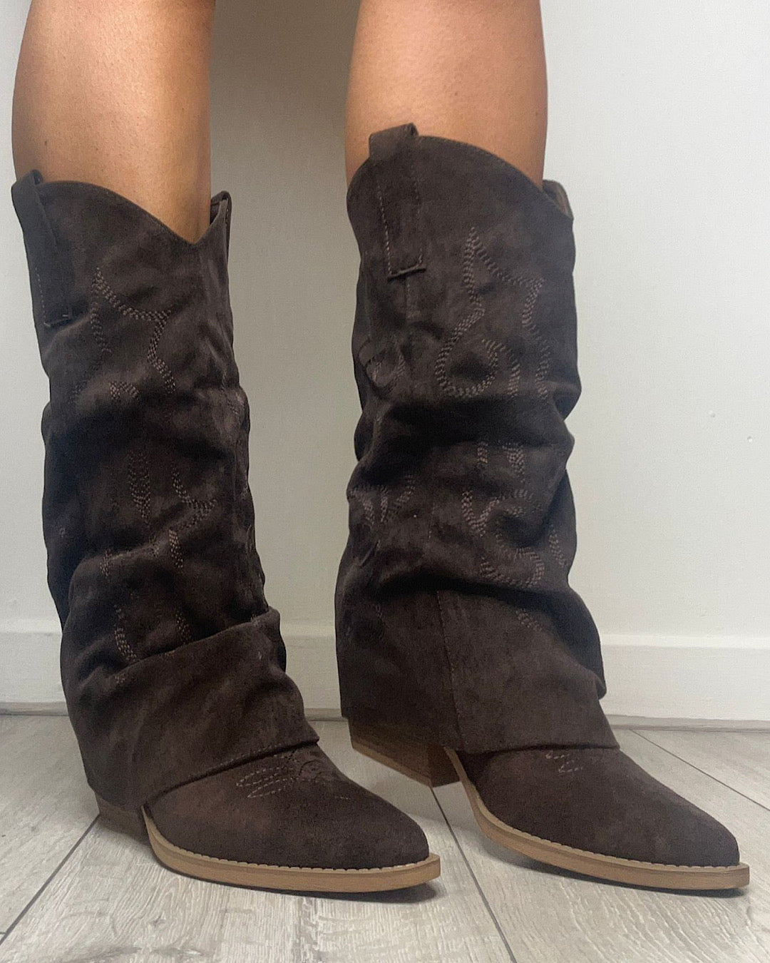 Chocolate Faux Suede Fold Over Cowboy Boots
