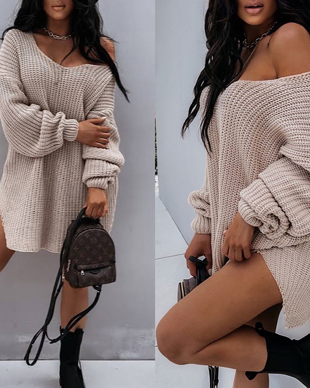 Beige Chunky Ribbed Knit Dress
