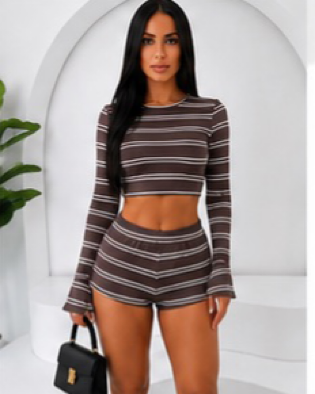 Brown White Stripe Top & Shorts Suit