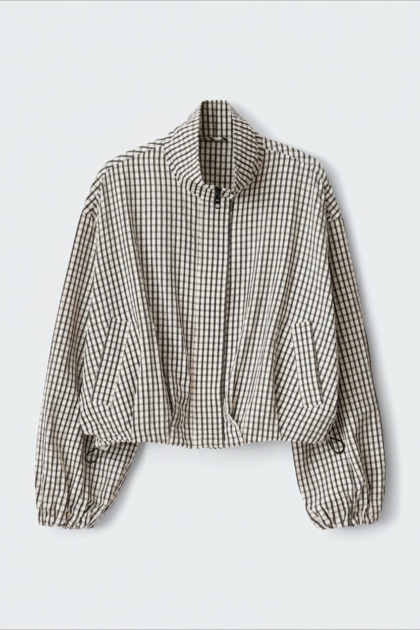 Black White Funnel Neck Check Jacket