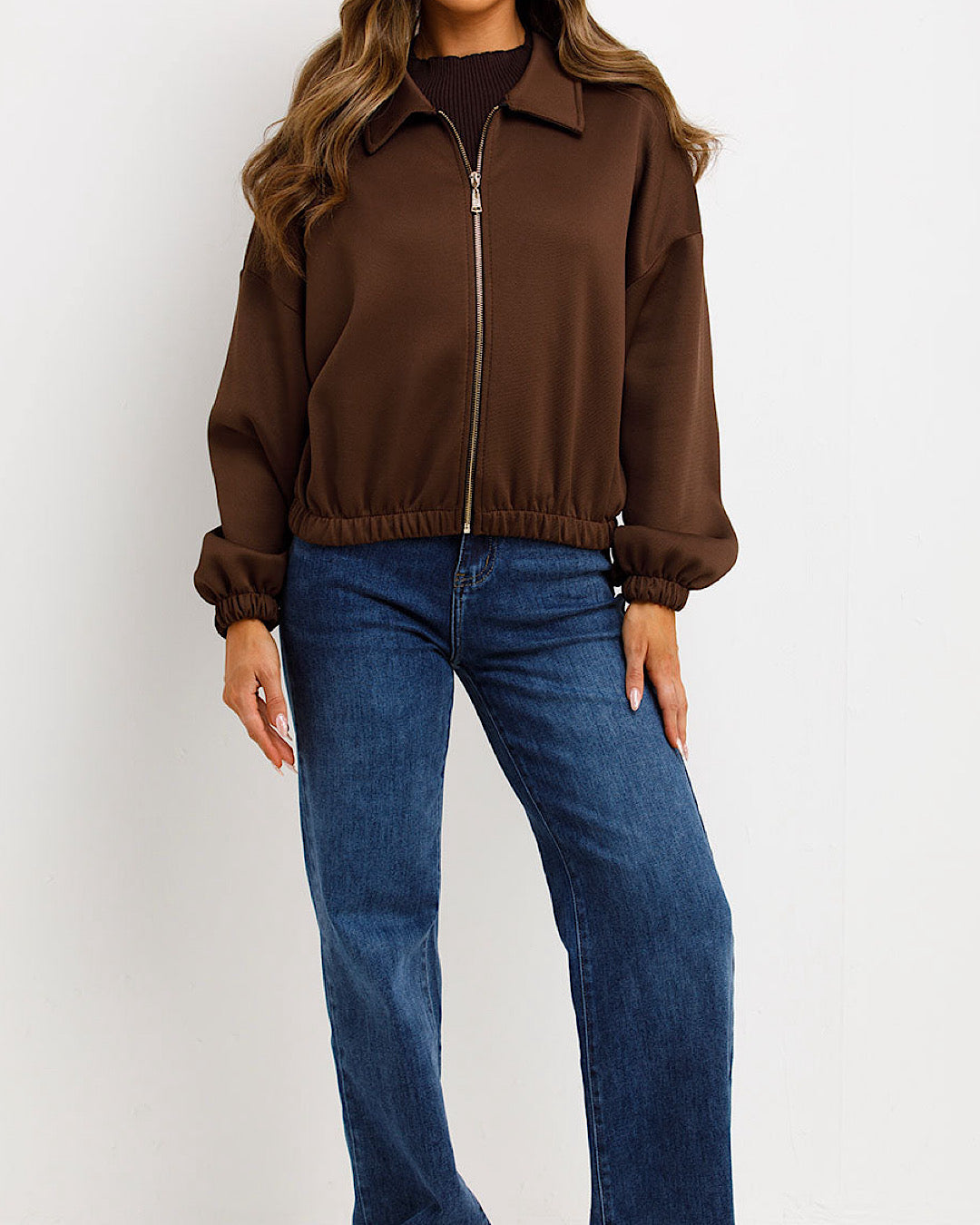 Chocolate Ruched Bomber Jacket with Zip