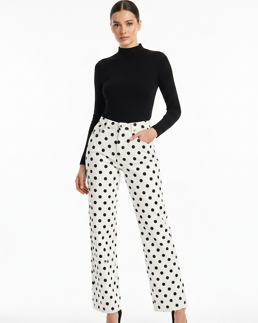 White Polka Dot Wide Leg Jeans