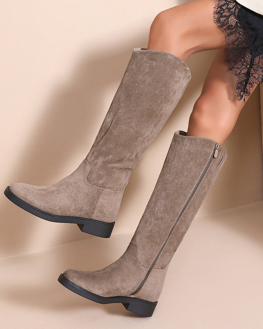 Beige Faux Suede Knee Boots