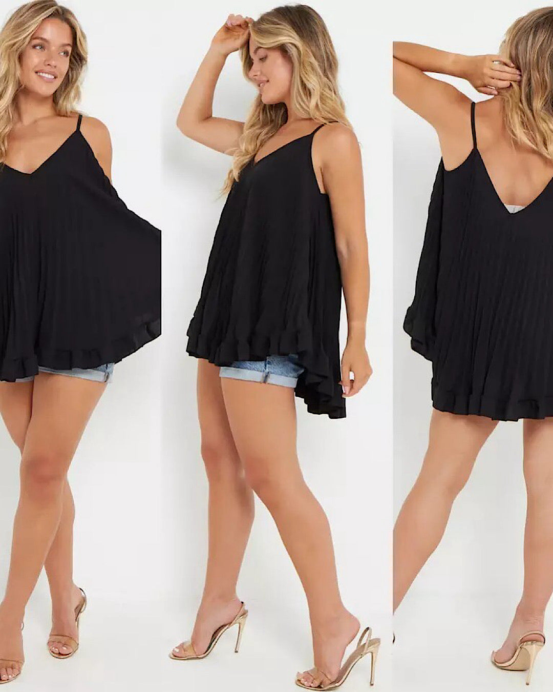 Black Cami Pleated Frill Hem Top