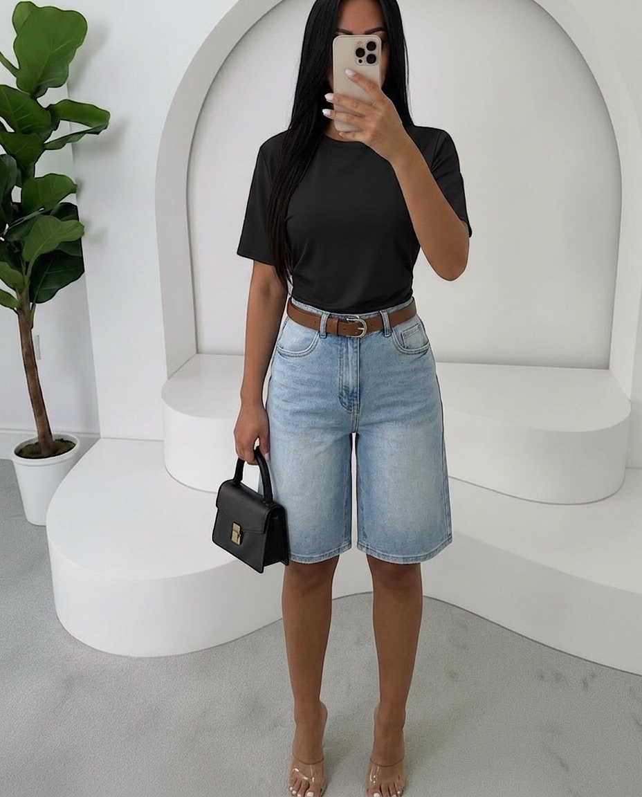 Blue Denim Bermuda Jeans with Belt