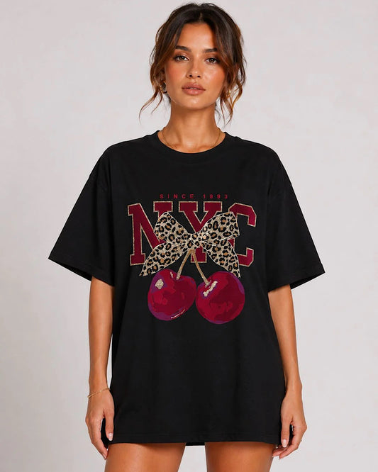 Black Tee with Leopard Cherries