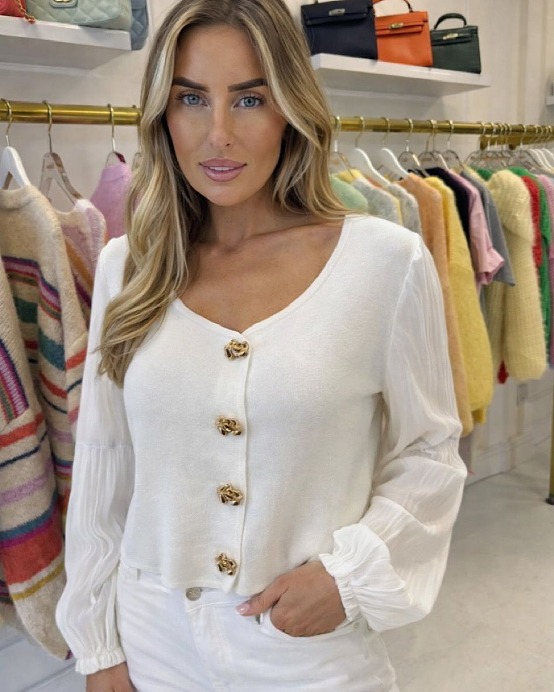 Cream Mesh Sleeve Knit Top