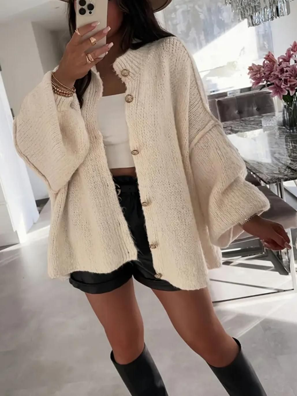 Beige Oversized Cardigan with Gold Buttons
