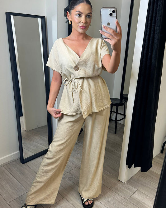 Beig Wrap Top and Trousers Suit