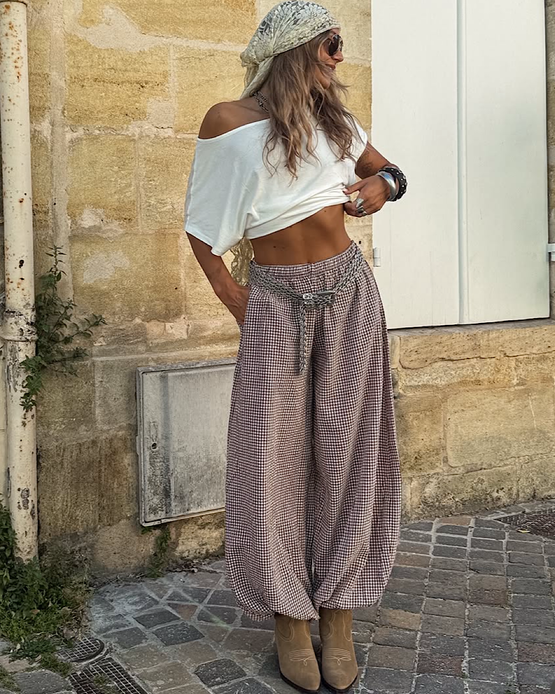Burgundy Balloon Check Trousers