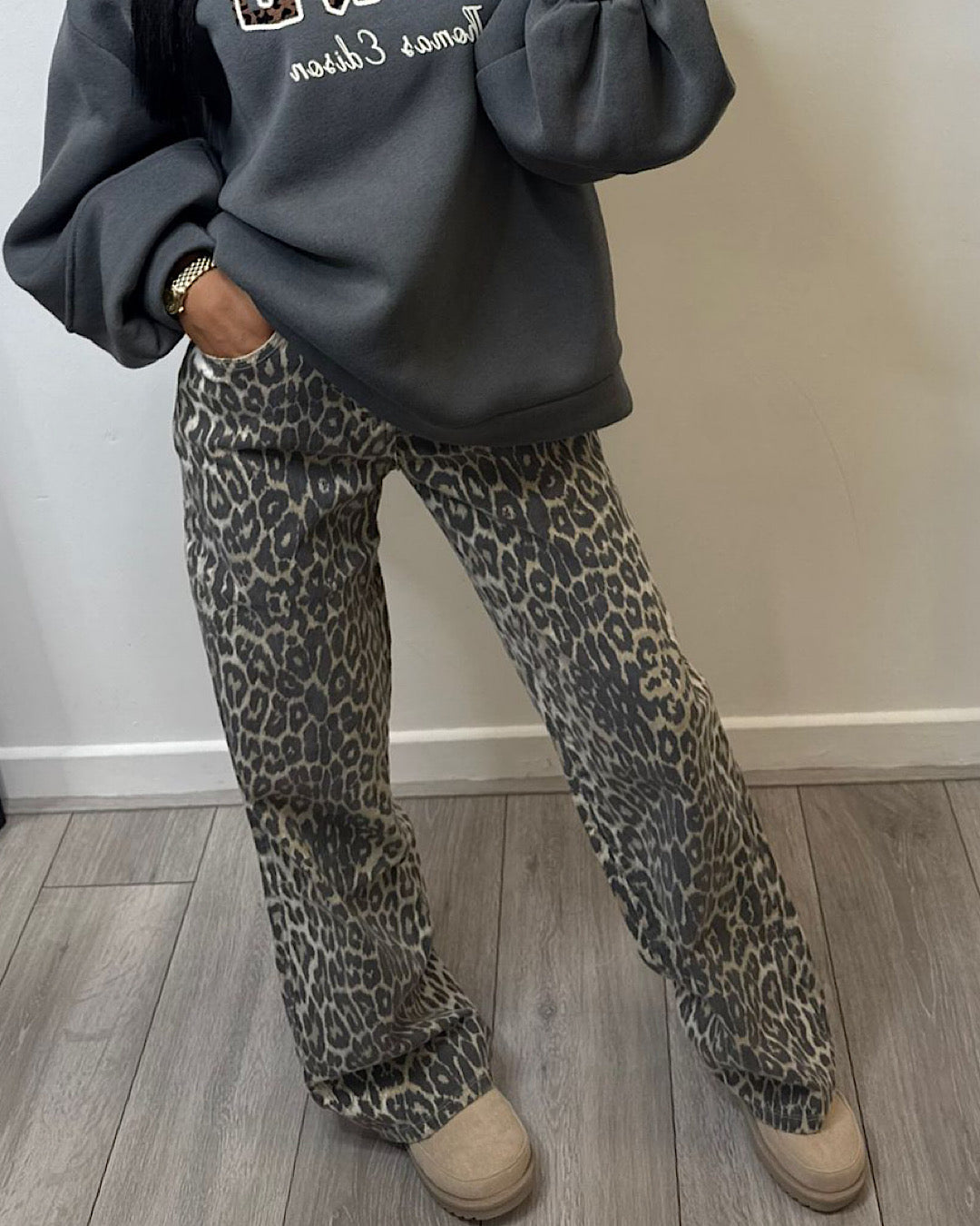 Wide Leg Leopard Print Jeans