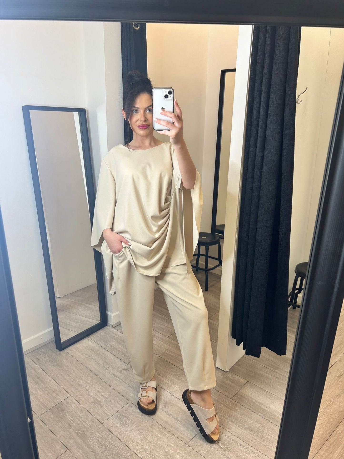 Beige Drape Top and Trousers Set