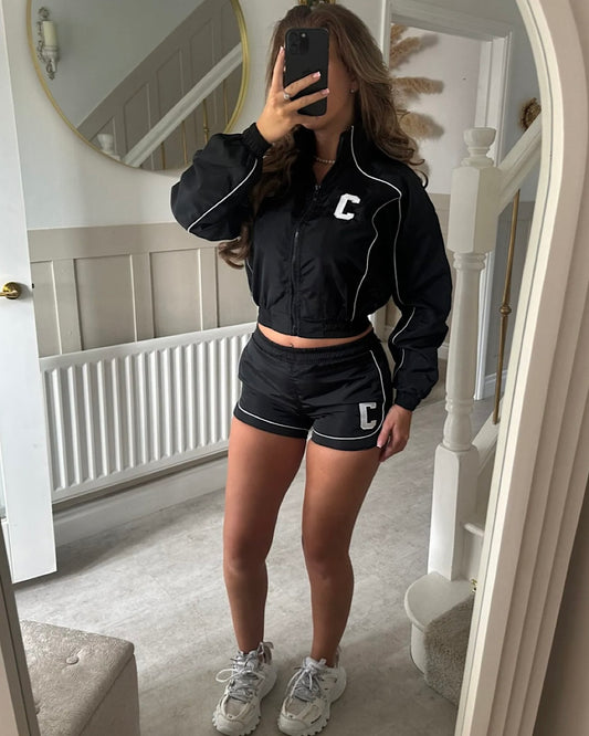 Black White Zip Jacket & Shorts Suit
