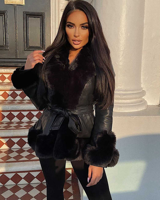 Black Belted Faux Leather/Fur Jacket