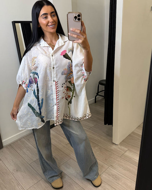 Oversized Embroidered Floral  Shirt