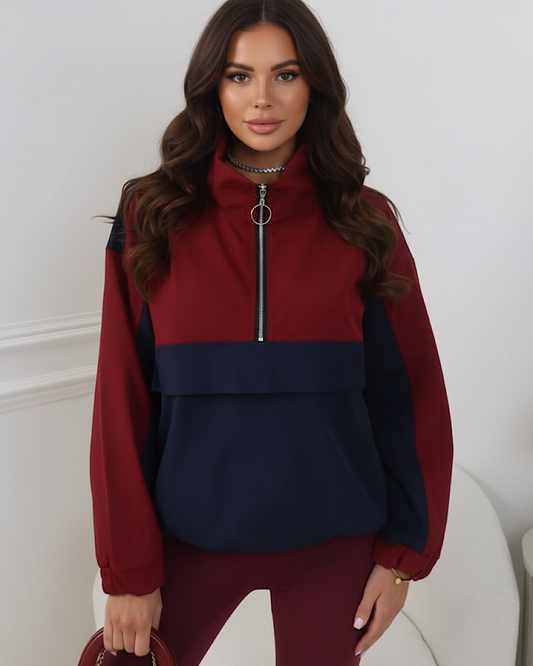 Burgundy Funnel Neck Half Zip Jacket