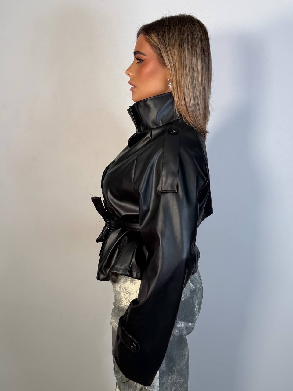 Black Faux Leather Funnel Neck Coat