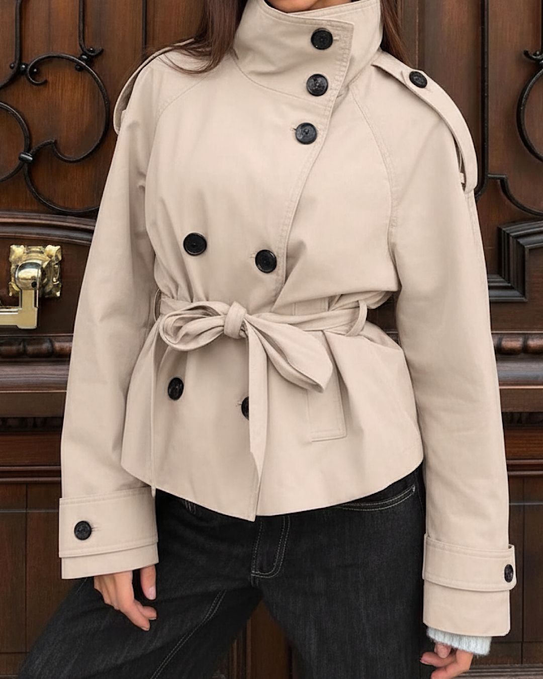 Beige Belted Funnel Neck Coat
