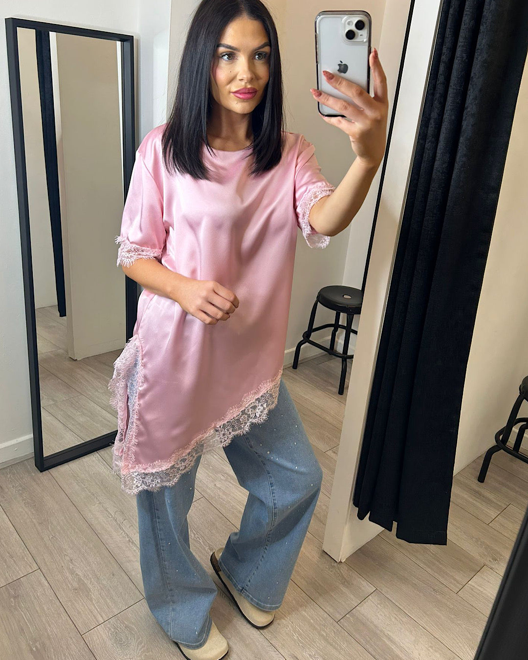 Pink Satin Top with Lace Hem