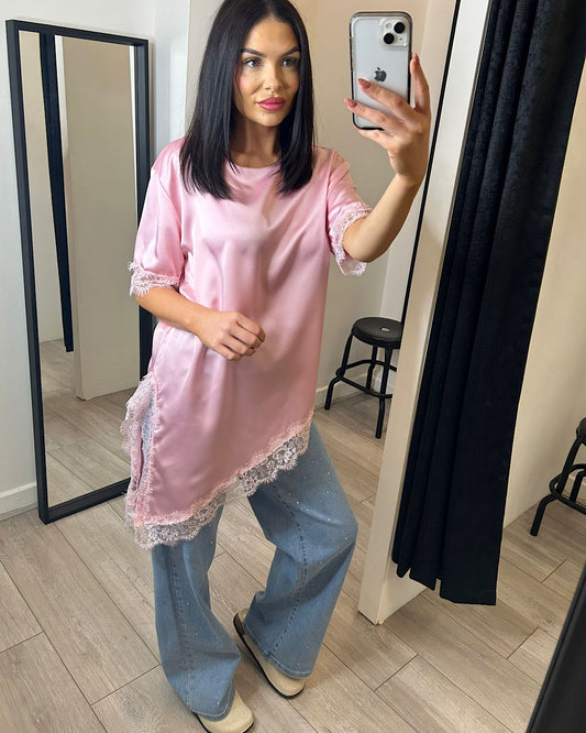 Pink Satin Top with Lace Hem