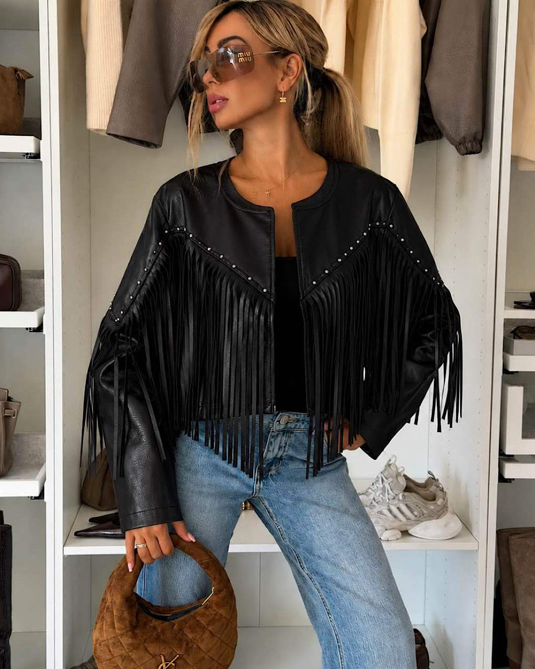 Black Faux Leather Fringe Jacket