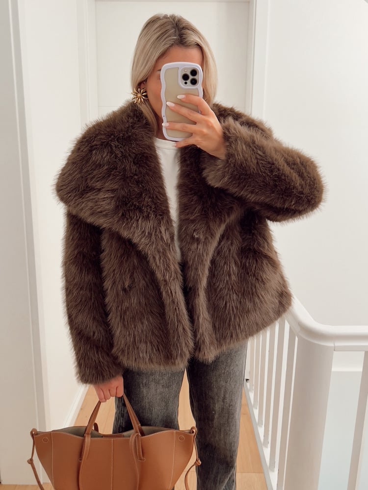 Chocolate Faux Fur Coat with Oversized Collar