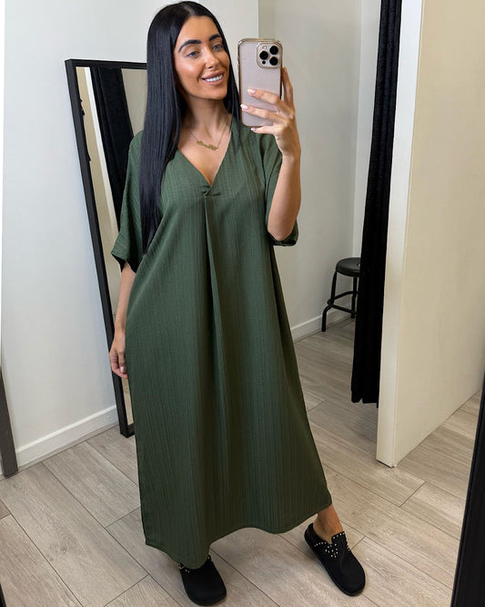 Khaki Oversized V Neck Maxi Dress