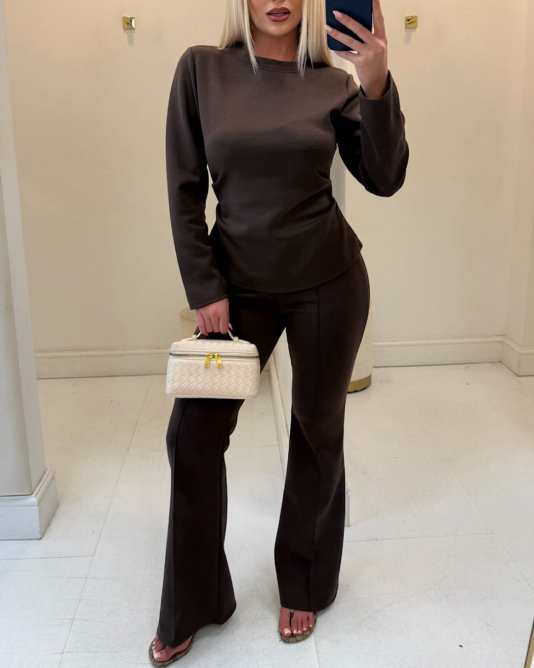 Brown Ruched Top & Trousers Set
