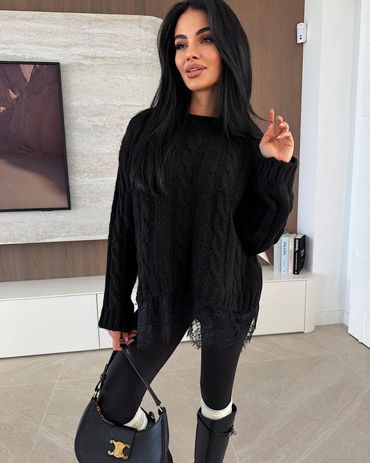 Black Cable Knit with Lace Hem