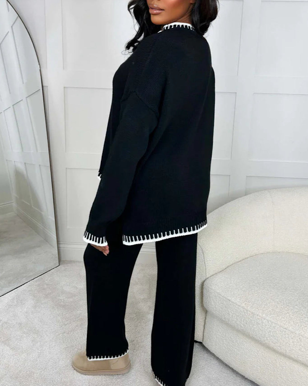 Black Contrast Stitch Knit Suit