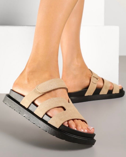 Beige Velcro Slider Sandals