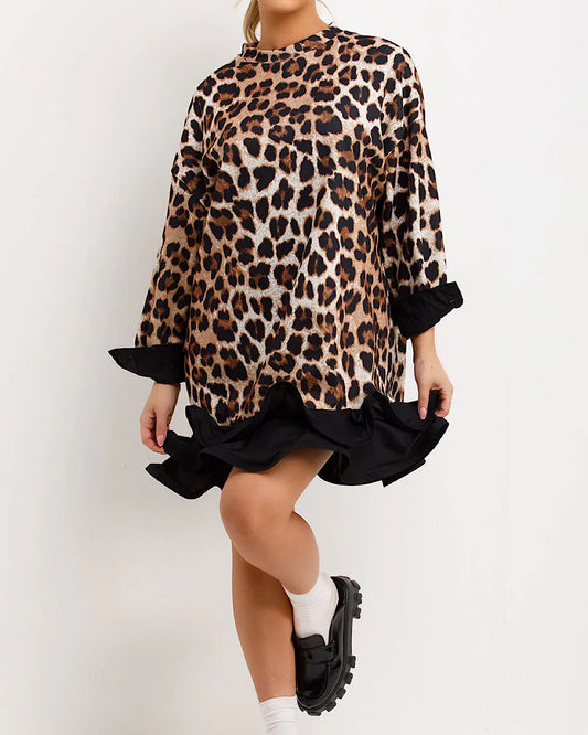 Black Frill Hem Leopard Print Sweatshirt Dress