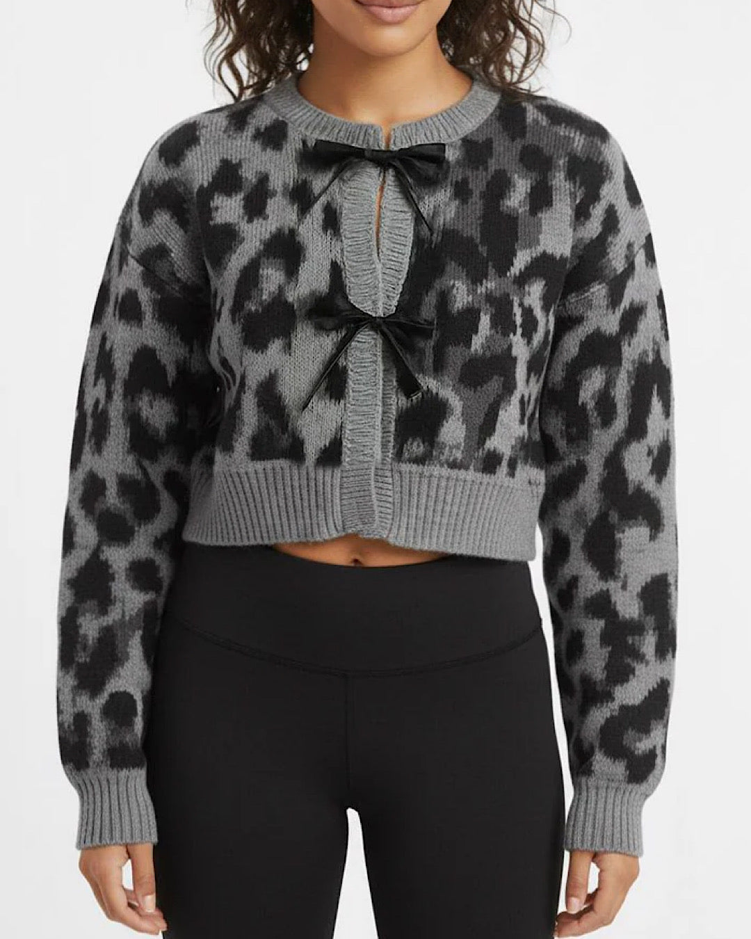 Grey Black Leopard Bow Tie Cardigan