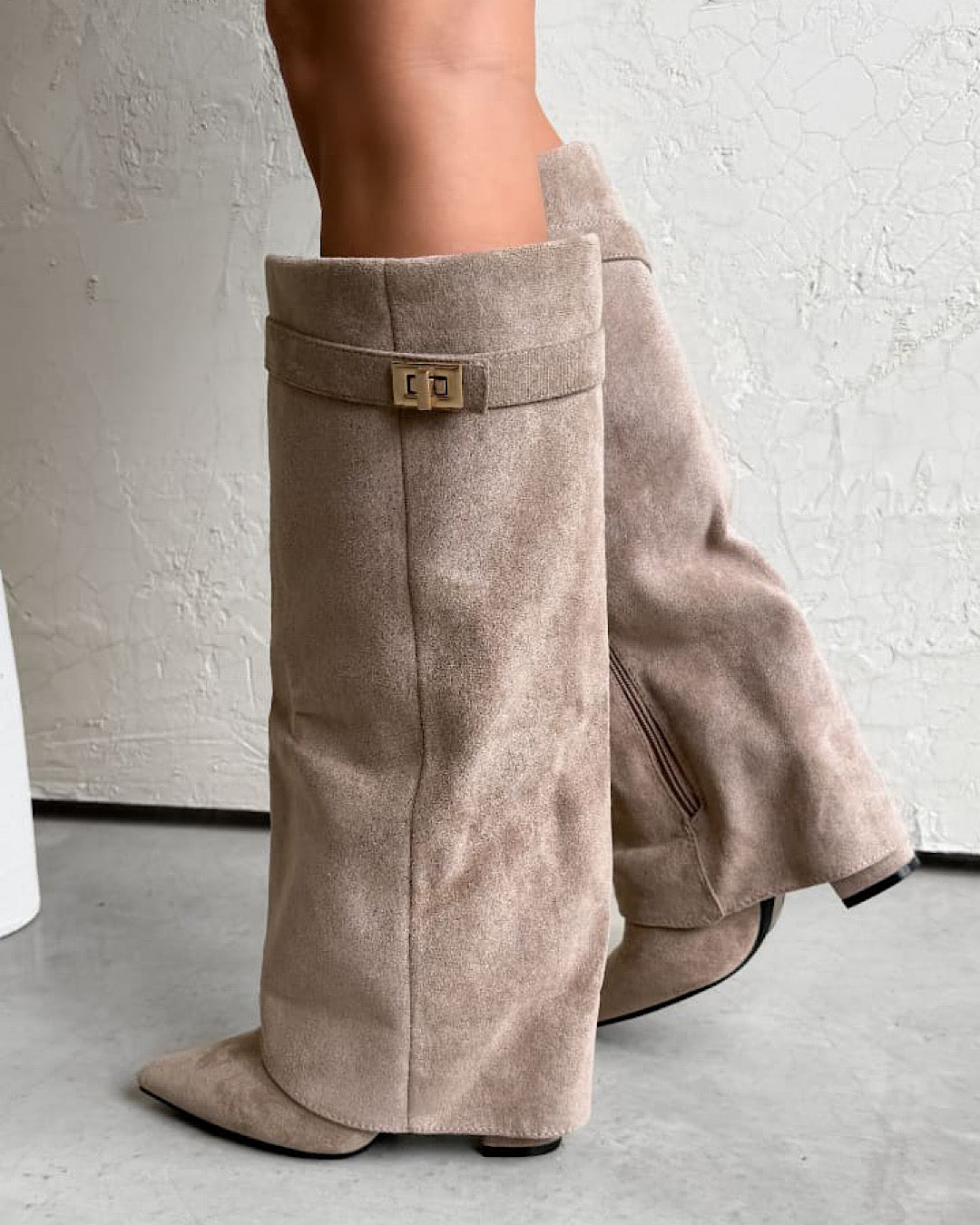 Beige Faux Suede Buckle Knee Boots