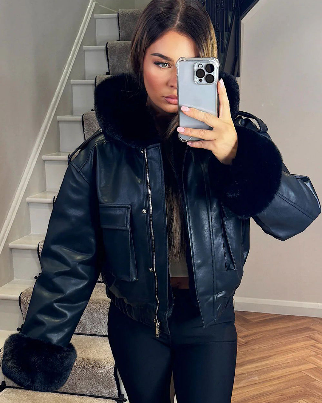 Black Faux Leather/Fur Coat