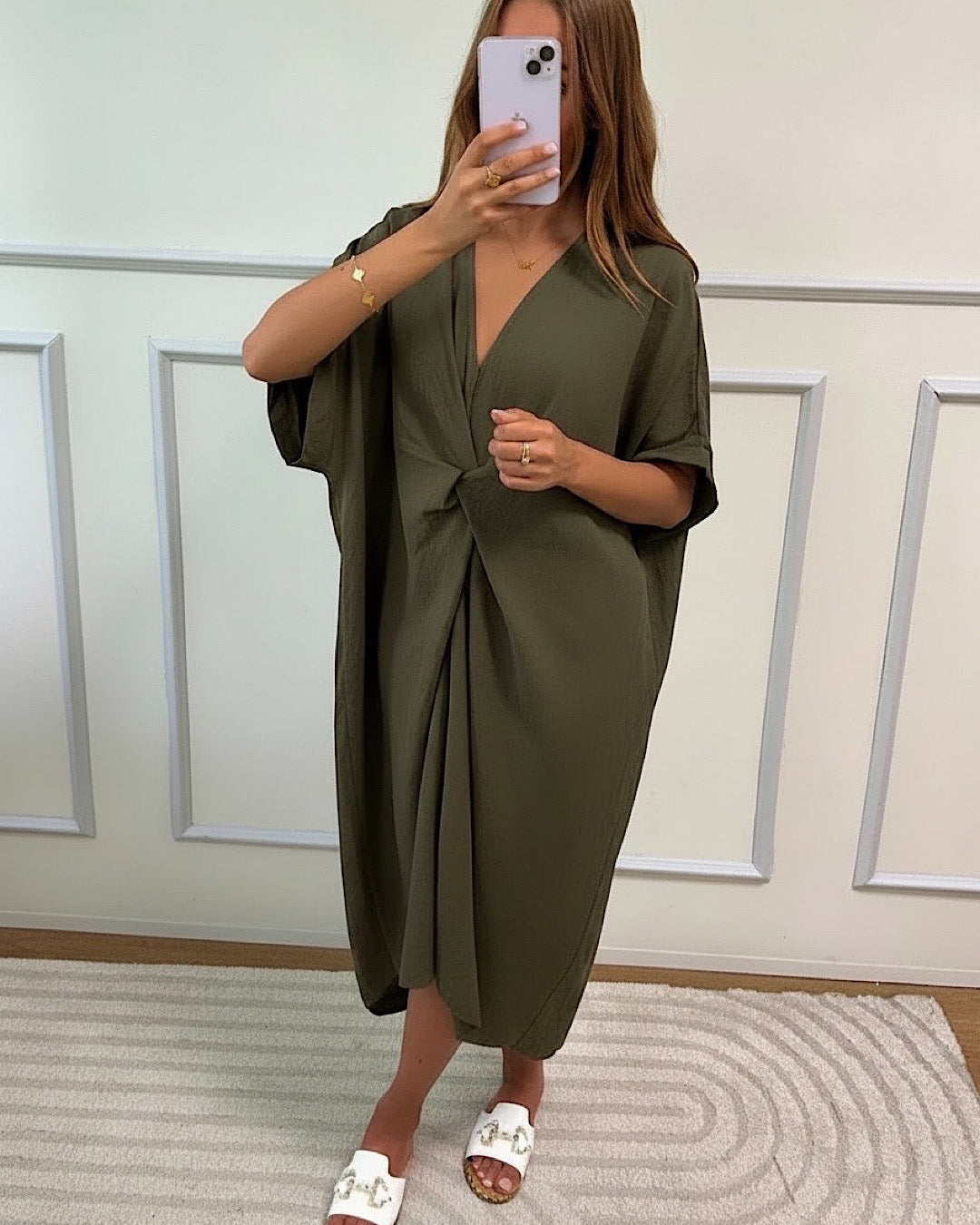 Khaki Oversized V Neck Knot Dress