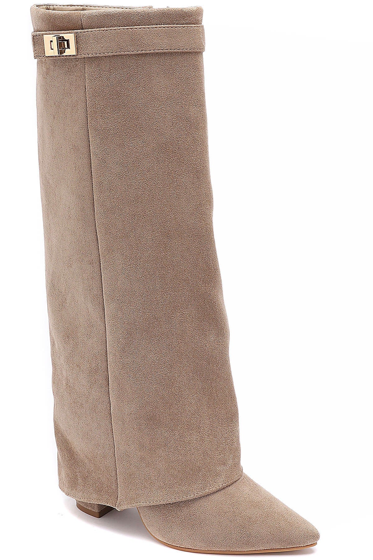Beige Faux Suede Buckle Knee Boots