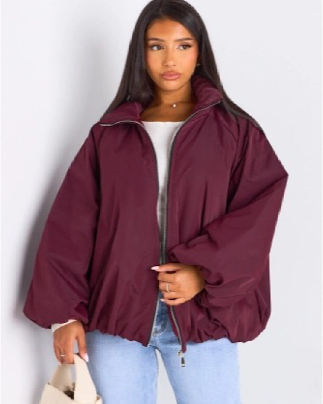 Wine High Neck Balloon Sleeve Jacket