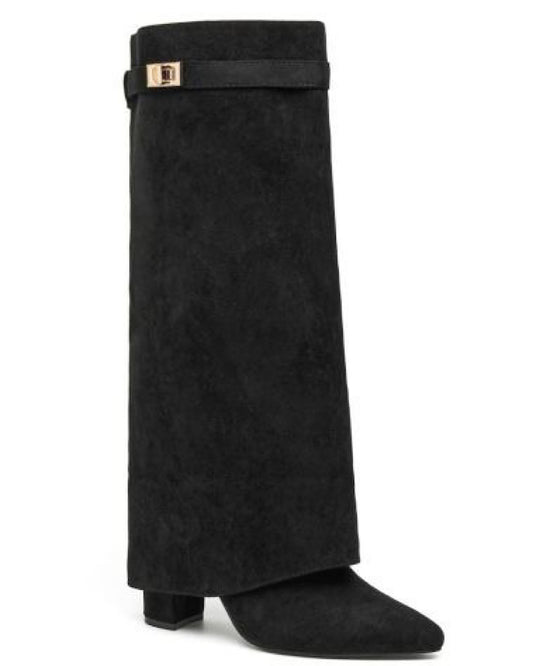 Black Faux Suede Buckle Knee Boots