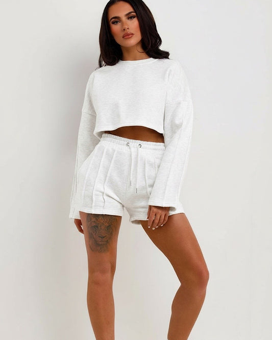 White Cropped Cross Sweat and Shorts Suit