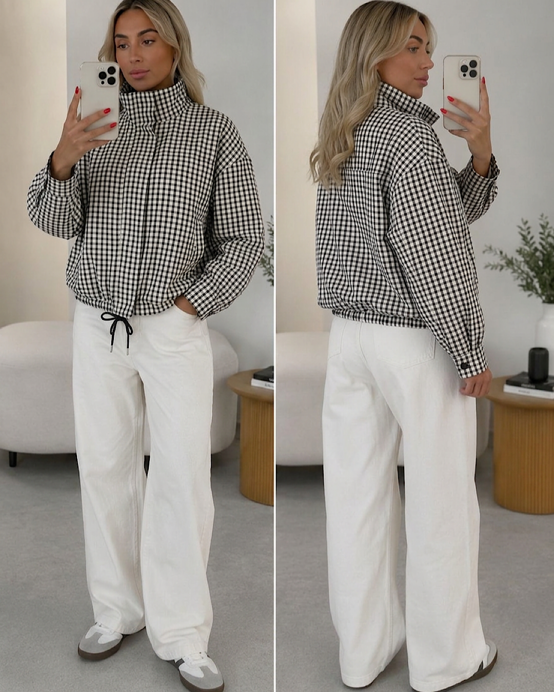 Black White Funnel Neck Check Jacket