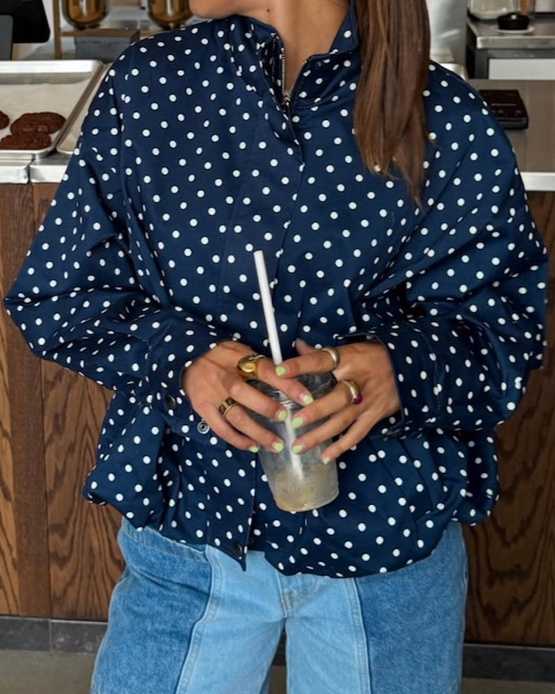 Navy High Neck Polka Jacket