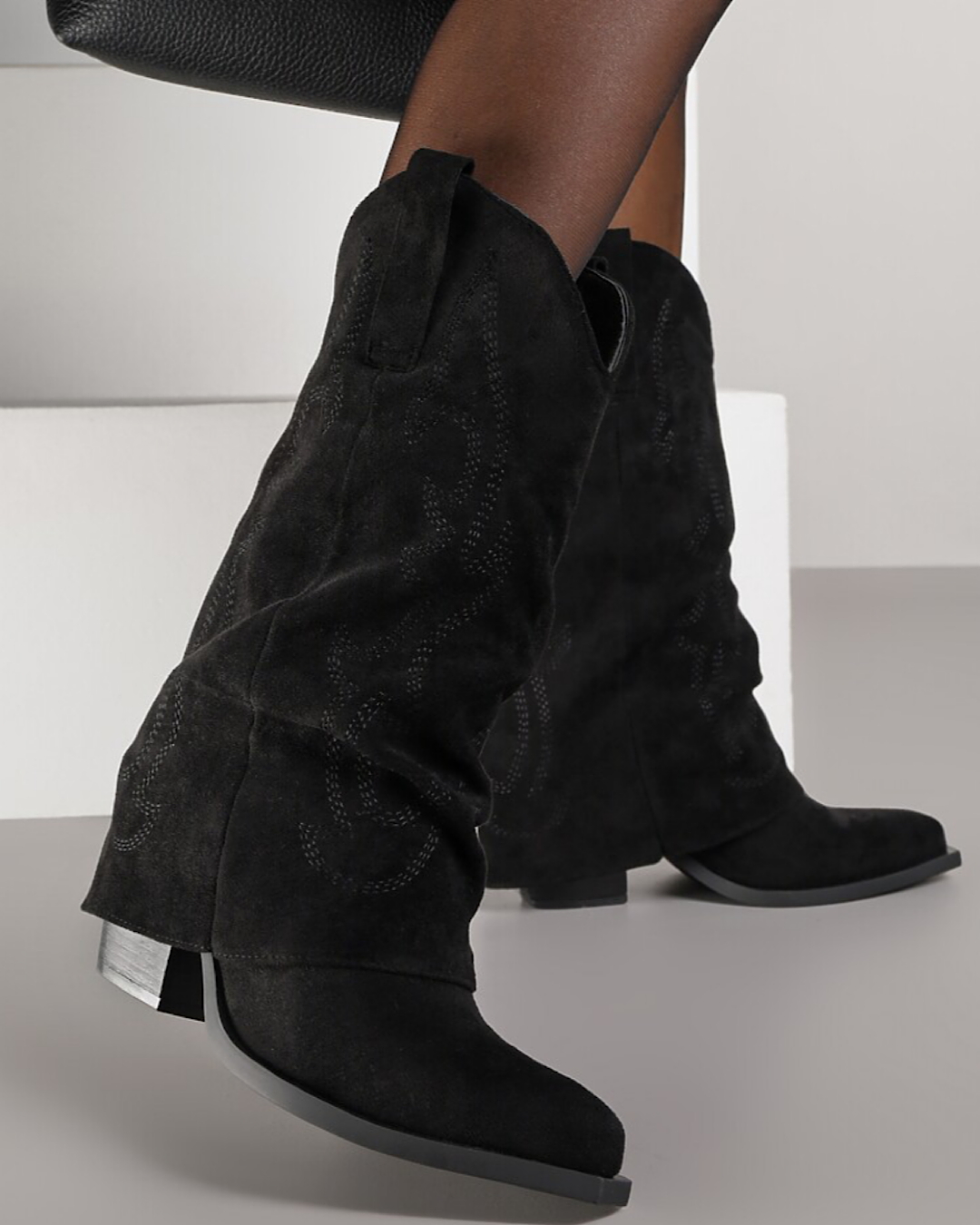 Black Faux Suede Fold Over Cowboy Boots