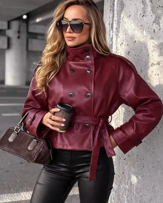 Wine Faux Leather Funnel Neck Coat