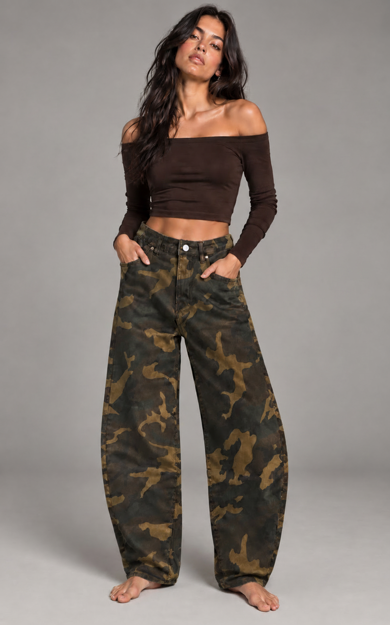 Barrel Leg Camouflage Print Jeans