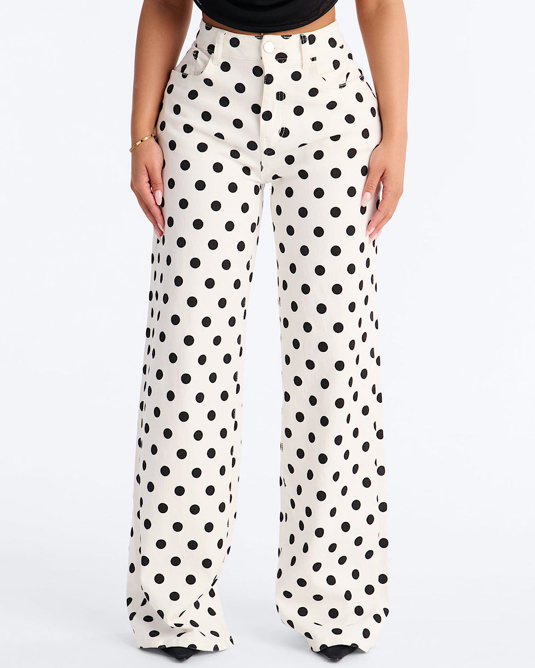 White Polka Dot Wide Leg Jeans