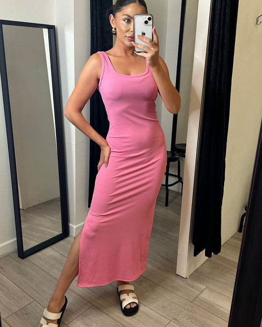 Pink Ribbed Square Neck Maxi Dress