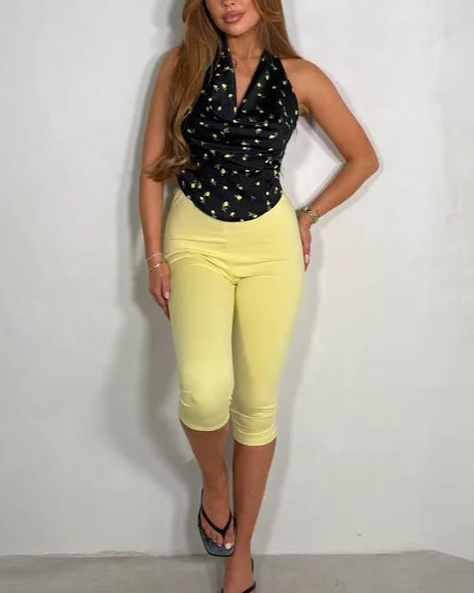 Yellow Lycra Stretch Capri Trousers