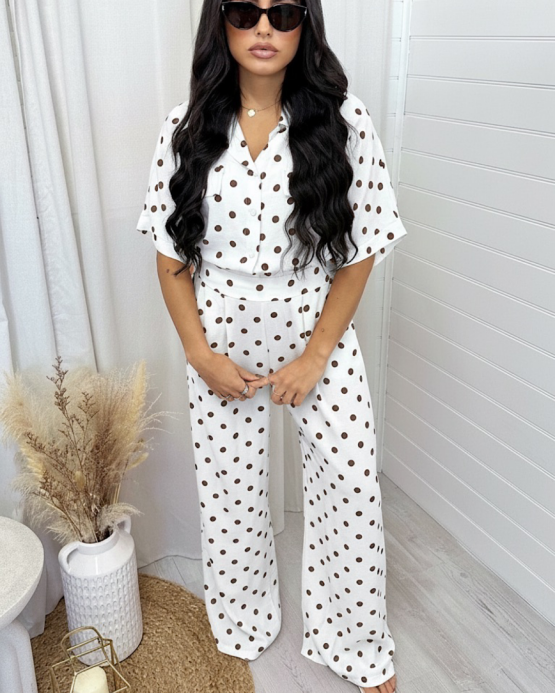 White Polka Shirt and Trousers Suit