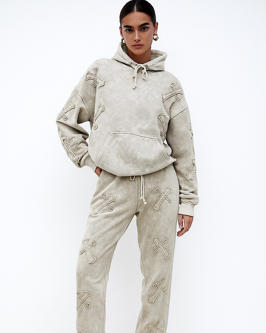 Hooded Beige Acid Wash Cross Suit